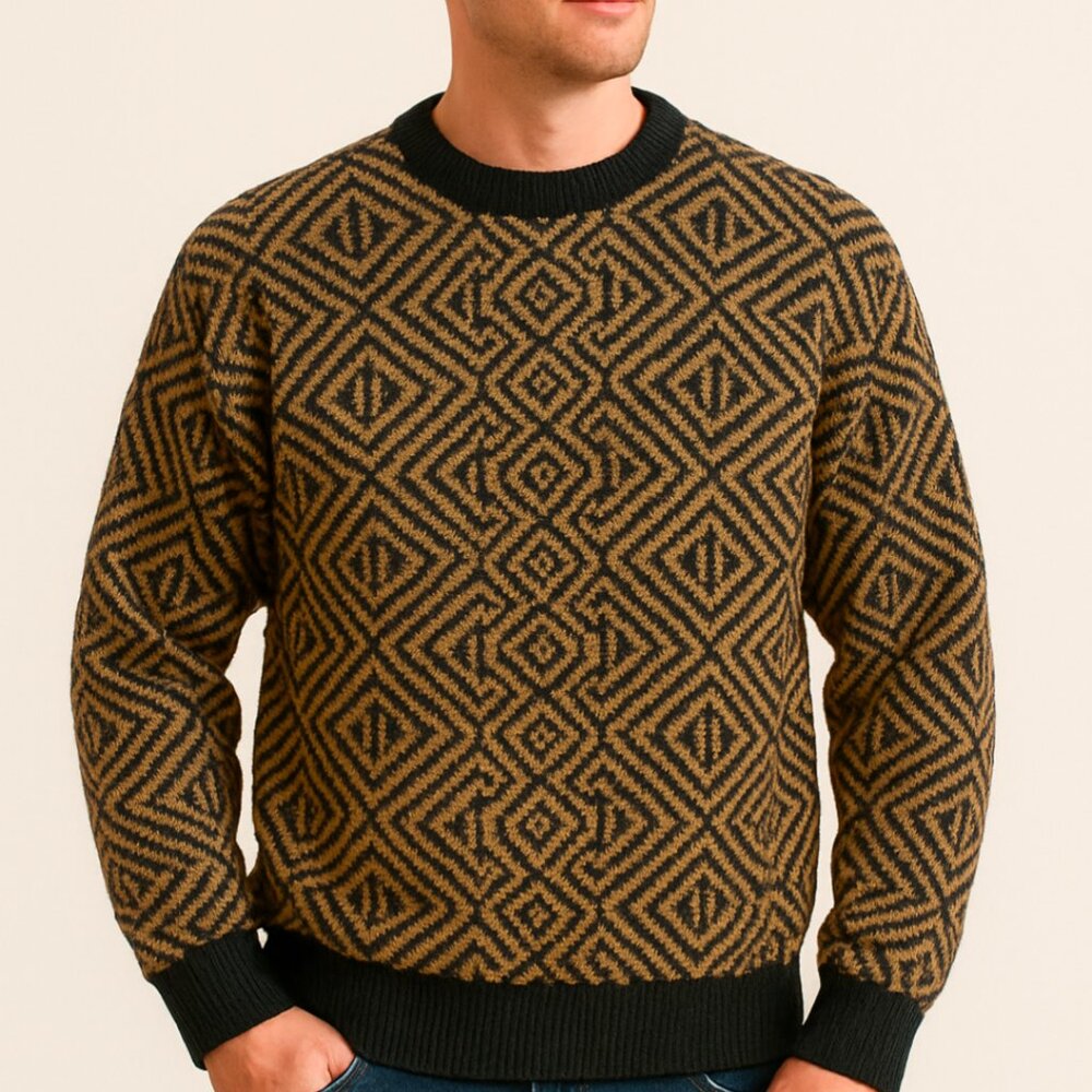 Vintage Bullock & Jones Alpaca Sweater XL Tan Black Geometric Made in Italy - Picture 3 of 9